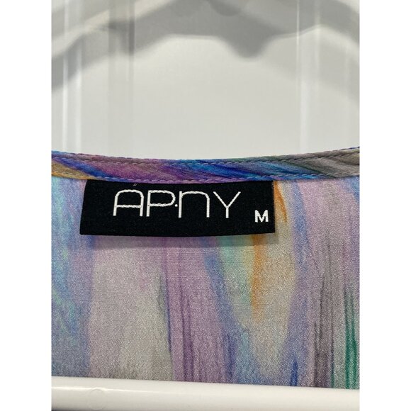 APNY Blouse Size Medium Tie Front Long Sleeve Multicolor Artistic Shades Print - Picture 5 of 9